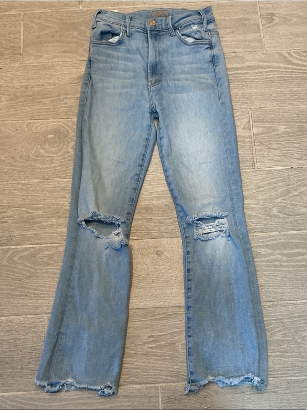 MOTHER The Hustler Ankle Chew Light Blue Distressed Petal Plucker Jeans Sz 25